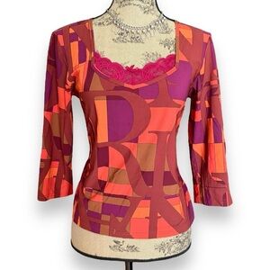 Vintage Nina Ricci Orange & Pink 3/4 Sleeve Top Lace Trim Size 46